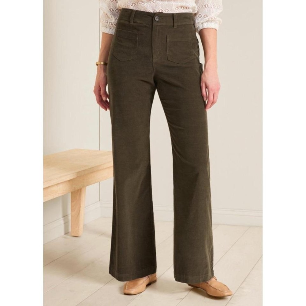 Womens Garnet Hill Soft Corduroy Sailor Pockets Olive Green Flare‎ Pants